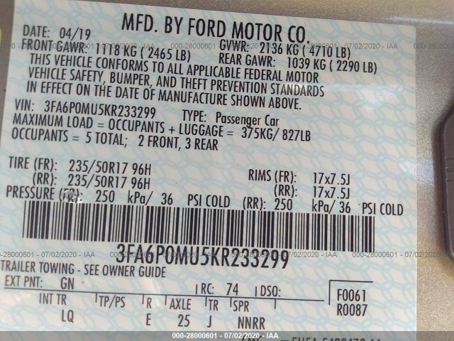 Photo 8 VIN: 3FA6P0MU5KR233299 - FORD FUSION HYBRID 