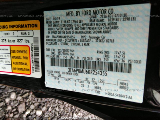 Photo 8 VIN: 3FA6P0MU6KR254355 - FORD FUSION HYBRID 