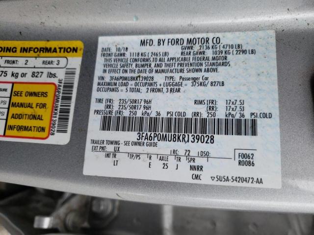 Photo 9 VIN: 3FA6P0MU8KR139028 - FORD FUSION SEL 