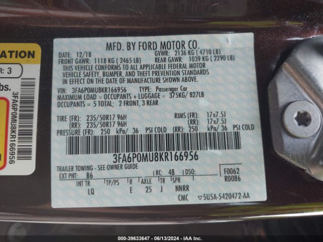 Photo 8 VIN: 3FA6P0MU8KR166956 - FORD FUSION 