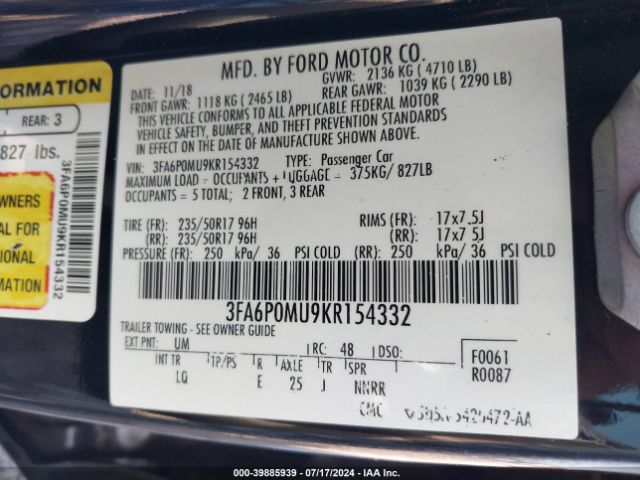 Photo 8 VIN: 3FA6P0MU9KR154332 - FORD FUSION 