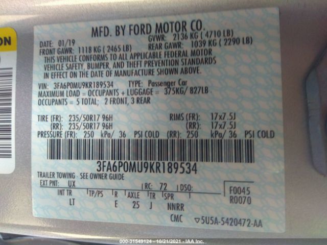 Photo 8 VIN: 3FA6P0MU9KR189534 - FORD FUSION HYBRID 