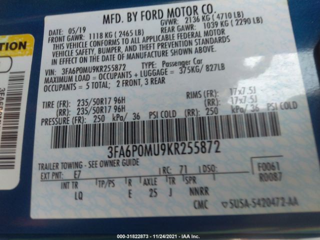 Photo 8 VIN: 3FA6P0MU9KR255872 - FORD FUSION 