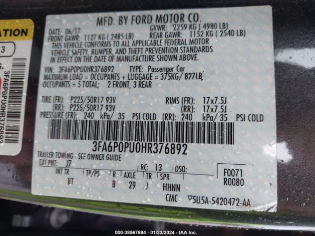 Photo 8 VIN: 3FA6P0PU0HR376892 - FORD FUSION ENERGI 