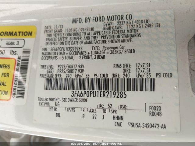 Photo 8 VIN: 3FA6P0PU1ER219285 - FORD FUSION 