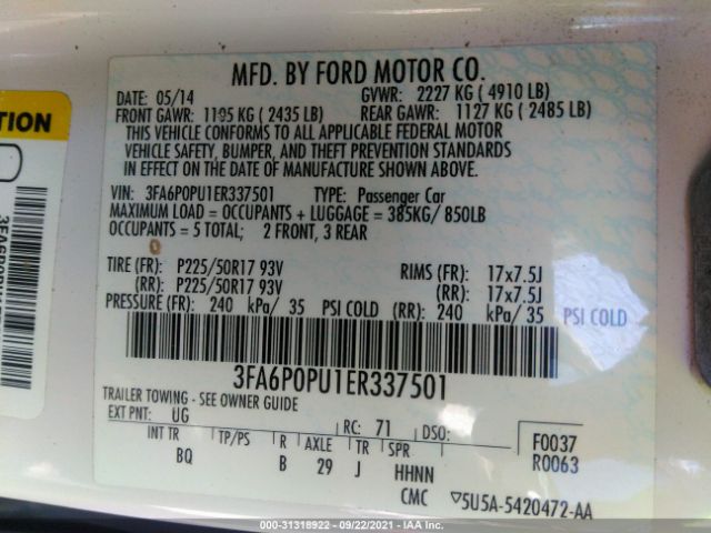 Photo 8 VIN: 3FA6P0PU1ER337501 - FORD FUSION 