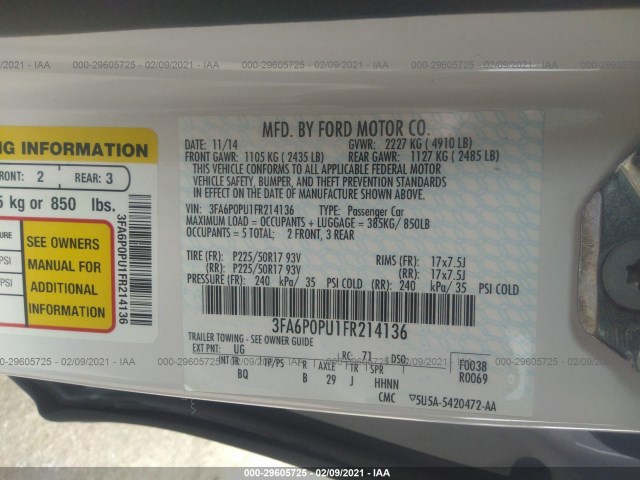 Photo 8 VIN: 3FA6P0PU1FR214136 - FORD FUSION 