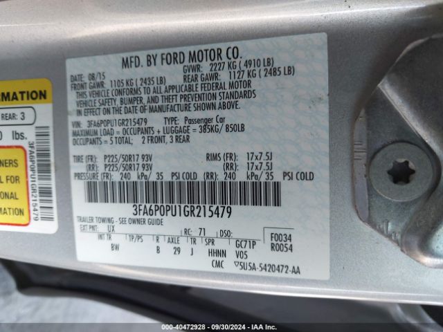 Photo 8 VIN: 3FA6P0PU1GR215479 - FORD FUSION 