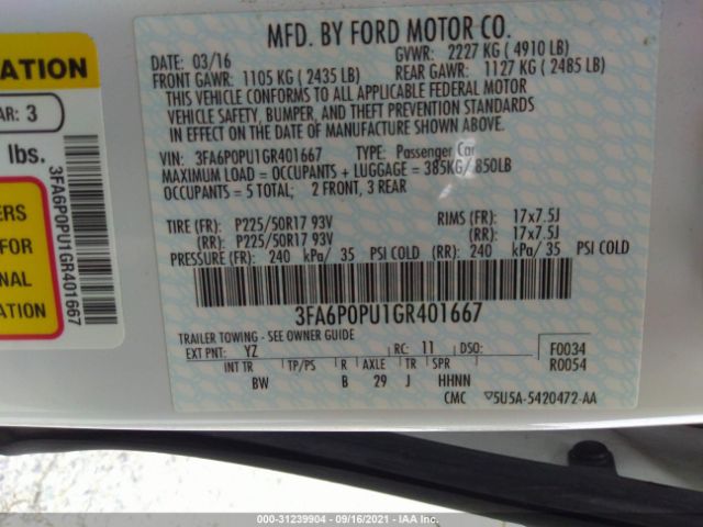 Photo 8 VIN: 3FA6P0PU1GR401667 - FORD FUSION 