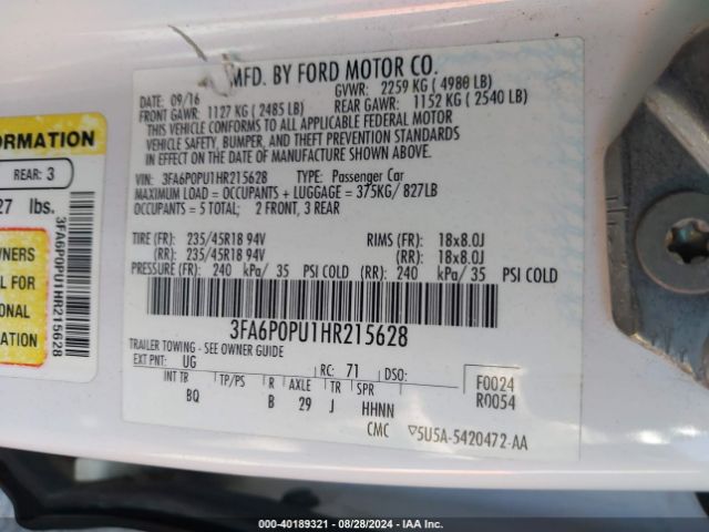 Photo 8 VIN: 3FA6P0PU1HR215628 - FORD FUSION 