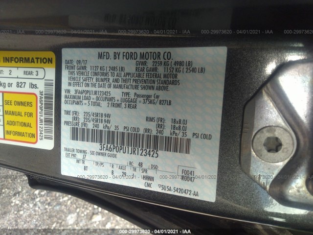 Photo 8 VIN: 3FA6P0PU1JR123425 - FORD FUSION ENERGI 