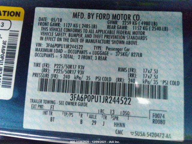 Photo 8 VIN: 3FA6P0PU1JR244522 - FORD FUSION ENERGI 