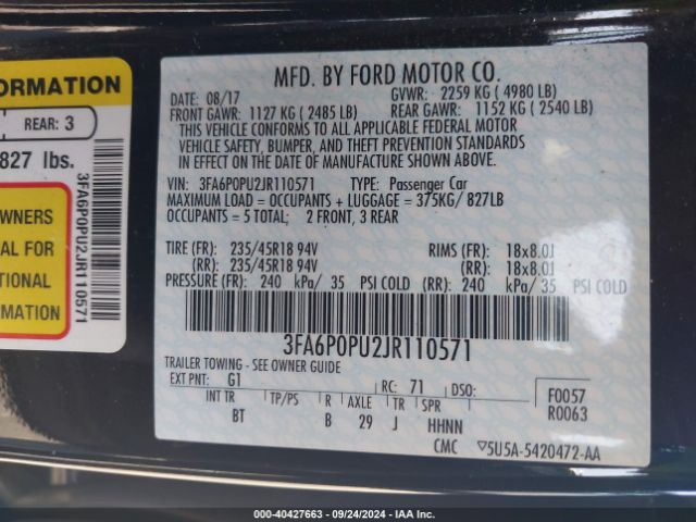 Photo 8 VIN: 3FA6P0PU2JR110571 - FORD FUSION 