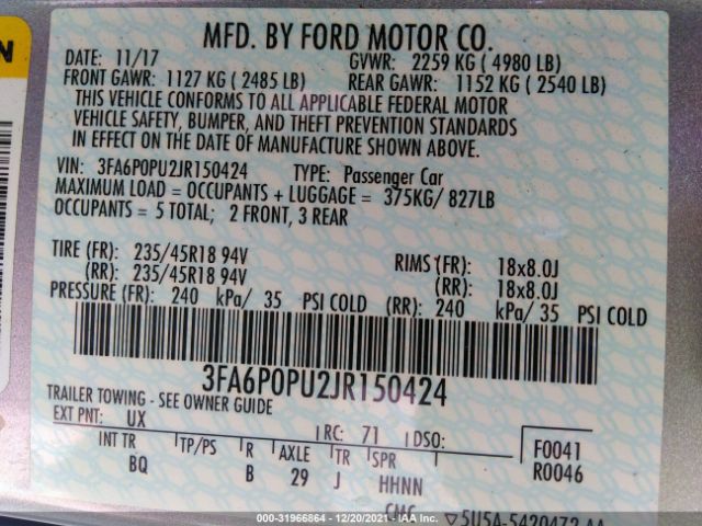 Photo 8 VIN: 3FA6P0PU2JR150424 - FORD FUSION ENERGI 