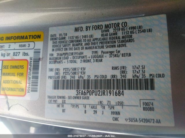 Photo 8 VIN: 3FA6P0PU2JR191684 - FORD FUSION ENERGI 