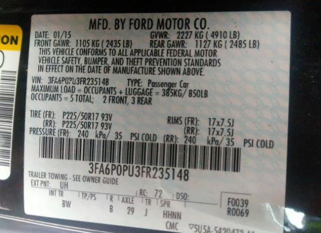 Photo 8 VIN: 3FA6P0PU3FR235148 - FORD FUSION 