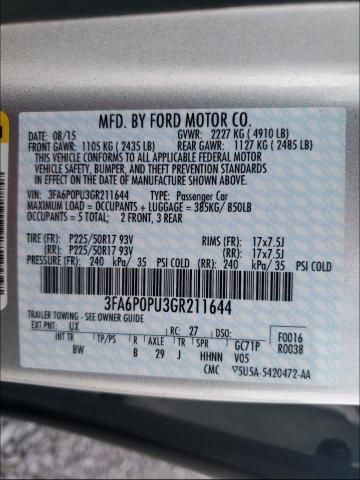 Photo 9 VIN: 3FA6P0PU3GR211644 - FORD FUSION SE 