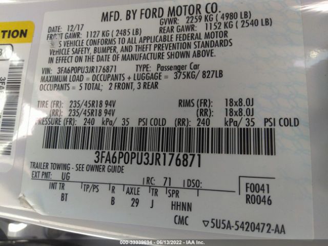 Photo 8 VIN: 3FA6P0PU3JR176871 - FORD FUSION 