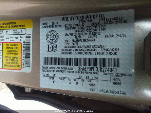 Photo 8 VIN: 3FA6P0PU3JR274041 - FORD FUSION ENERGI 