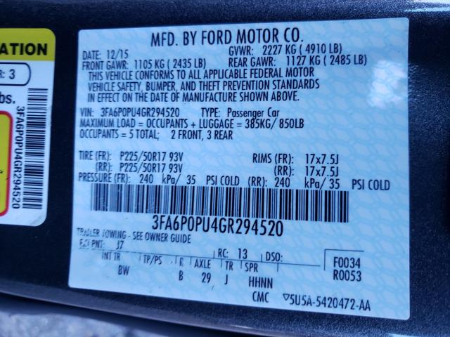 Photo 9 VIN: 3FA6P0PU4GR294520 - FORD FUSION 