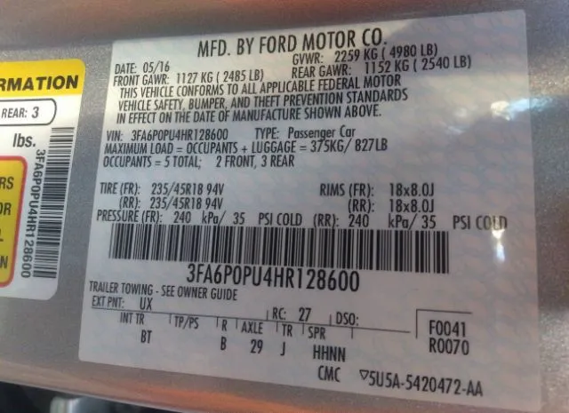 Photo 8 VIN: 3FA6P0PU4HR128600 - FORD FUSION ENERGI 