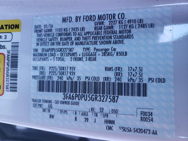 Photo 9 VIN: 3FA6P0PU5GR327587 - FORD FUSION SE 