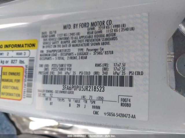 Photo 8 VIN: 3FA6P0PU5JR218523 - FORD FUSION 