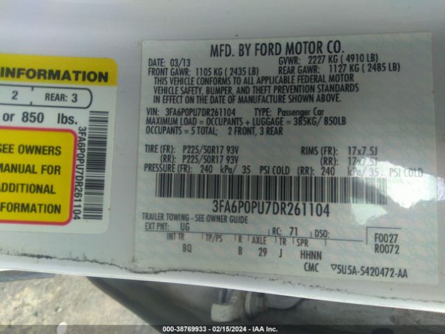 Photo 8 VIN: 3FA6P0PU7DR261104 - FORD FUSION ENERGI 