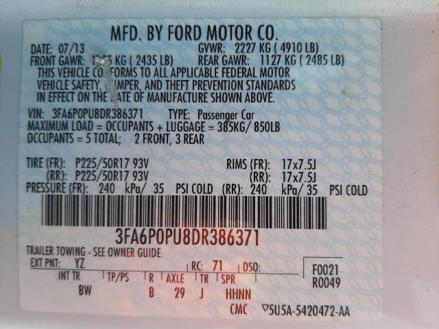 Photo 9 VIN: 3FA6P0PU8DR386371 - FORD FUSION SE 