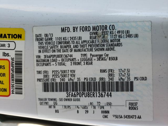 Photo 9 VIN: 3FA6P0PU8ER136744 - FORD FUSION SE 