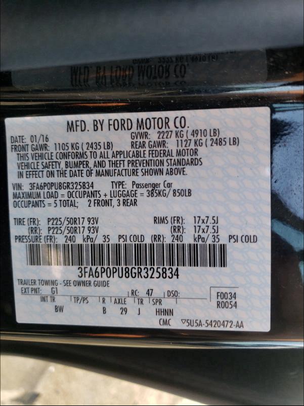 Photo 9 VIN: 3FA6P0PU8GR325834 - FORD FUSION SE 