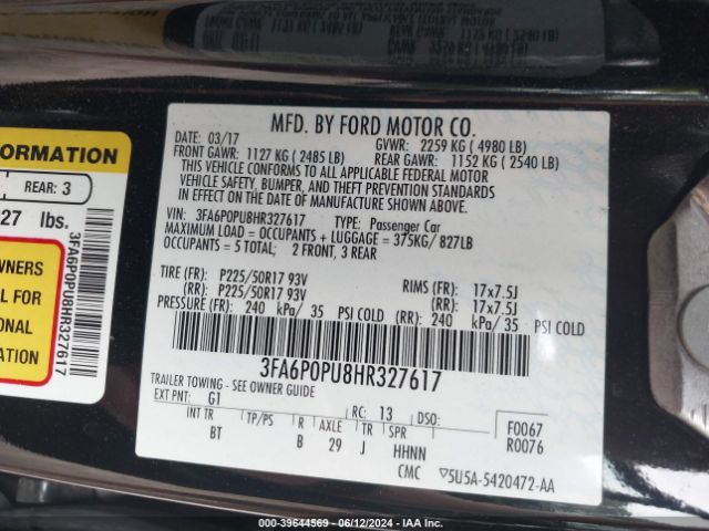 Photo 8 VIN: 3FA6P0PU8HR327617 - FORD FUSION 