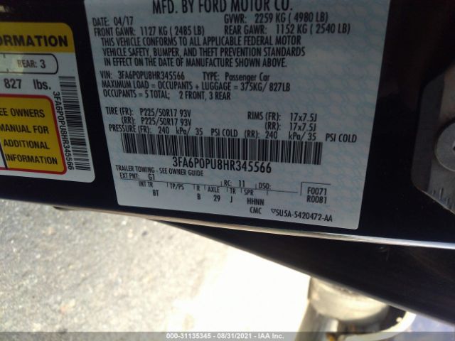 Photo 8 VIN: 3FA6P0PU8HR345566 - FORD FUSION ENERGI 