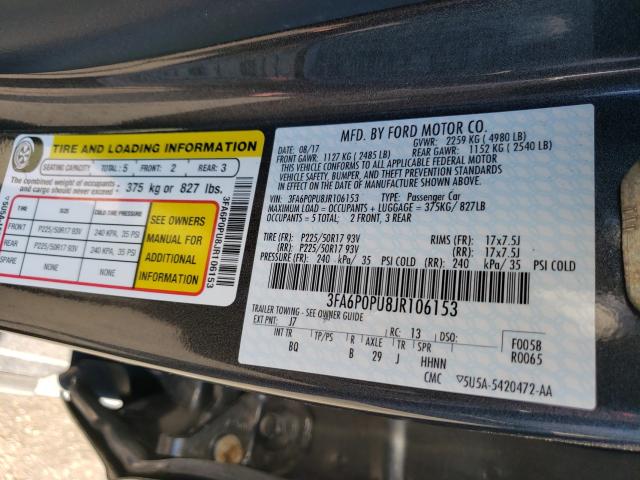 Photo 9 VIN: 3FA6P0PU8JR106153 - FORD FUSION SE 