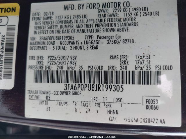 Photo 8 VIN: 3FA6P0PU8JR199305 - FORD FUSION ENERGI 