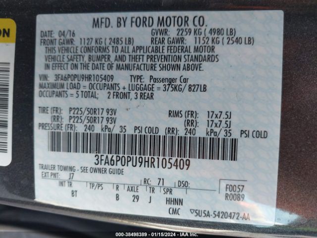 Photo 8 VIN: 3FA6P0PU9HR105409 - FORD FUSION ENERGI 