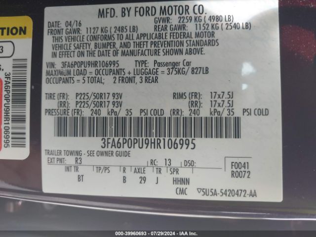 Photo 8 VIN: 3FA6P0PU9HR106995 - FORD FUSION 