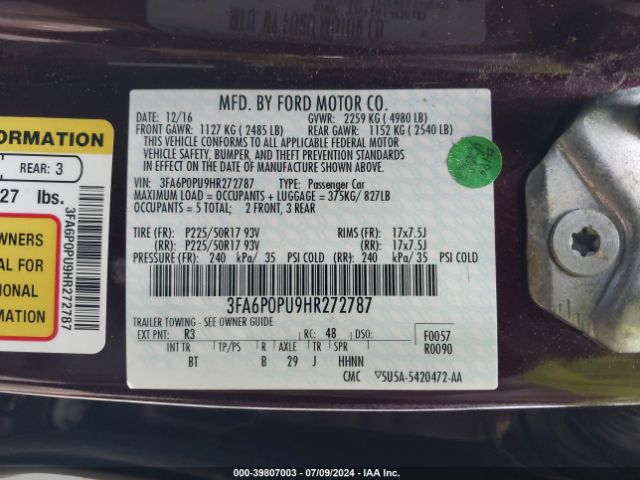 Photo 8 VIN: 3FA6P0PU9HR272787 - FORD FUSION 