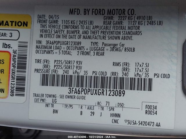 Photo 8 VIN: 3FA6P0PUXGR123089 - FORD FUSION 