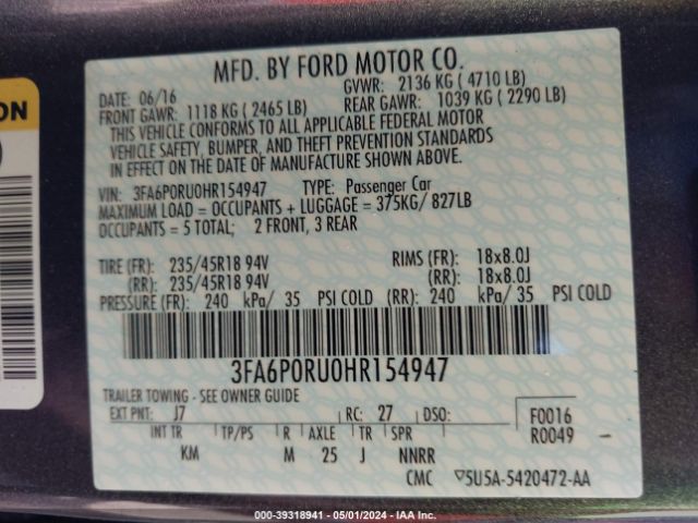 Photo 8 VIN: 3FA6P0RU0HR154947 - FORD FUSION HYBRID 