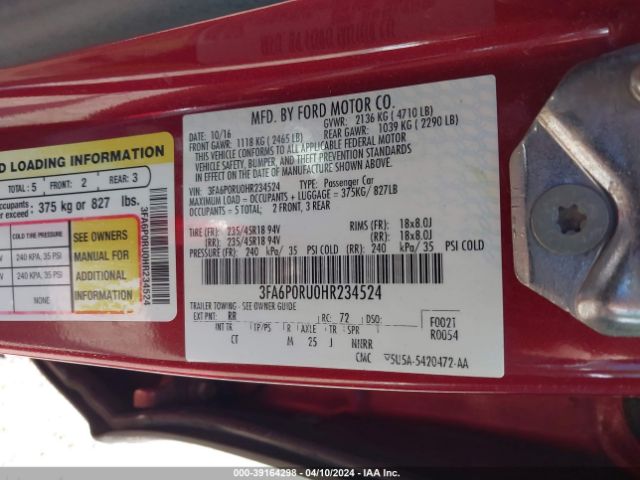 Photo 8 VIN: 3FA6P0RU0HR234524 - FORD FUSION HYBRID 