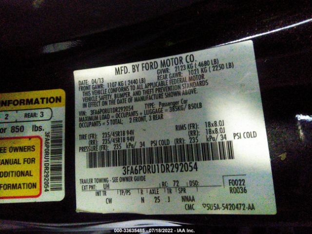 Photo 8 VIN: 3FA6P0RU1DR292054 - FORD FUSION 