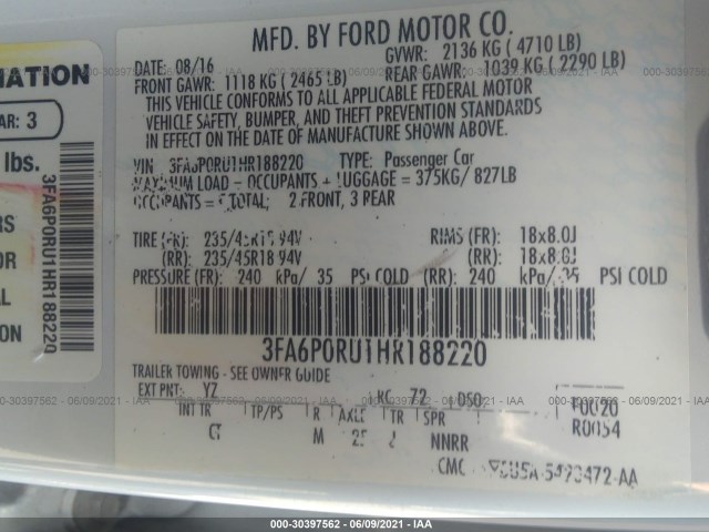 Photo 8 VIN: 3FA6P0RU1HR188220 - FORD FUSION 