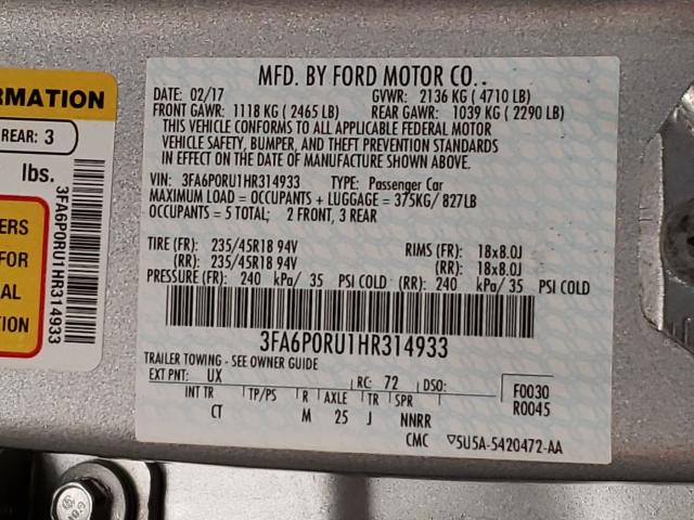 Photo 9 VIN: 3FA6P0RU1HR314933 - FORD FUSION 