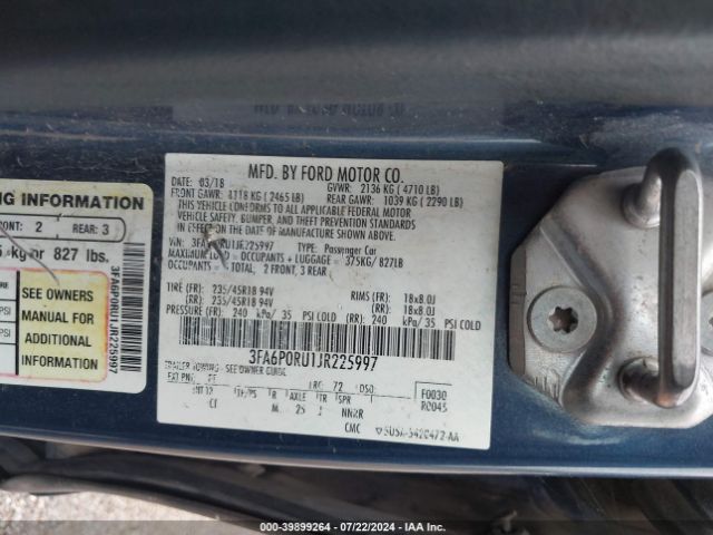 Photo 8 VIN: 3FA6P0RU1JR225997 - FORD FUSION 