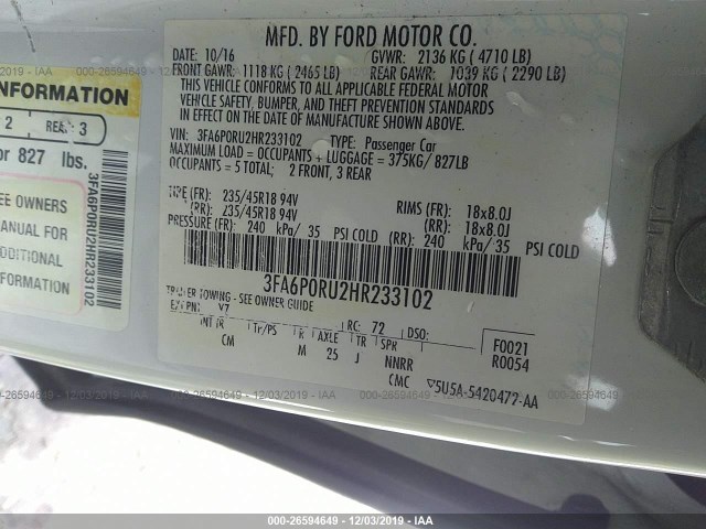 Photo 8 VIN: 3FA6P0RU2HR233102 - FORD FUSION 