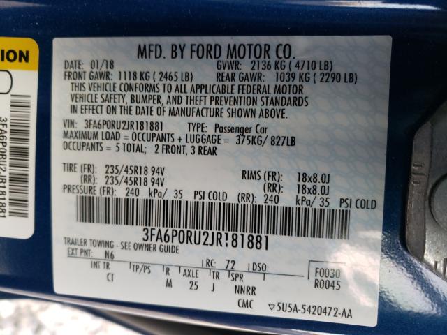 Photo 9 VIN: 3FA6P0RU2JR181881 - FORD FUSION 