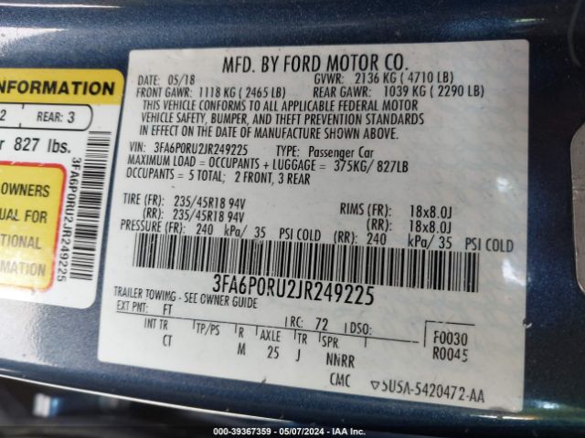 Photo 8 VIN: 3FA6P0RU2JR249225 - FORD FUSION 