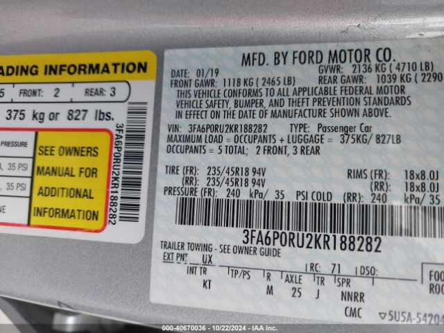 Photo 8 VIN: 3FA6P0RU2KR188282 - FORD FUSION 