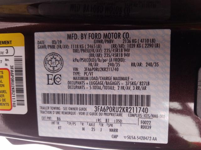 Photo 9 VIN: 3FA6P0RU2KR211740 - FORD FUSION TIT 